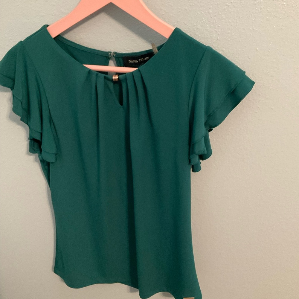 Ivanka Trump Teal Blouse with Ruffle Sleeves